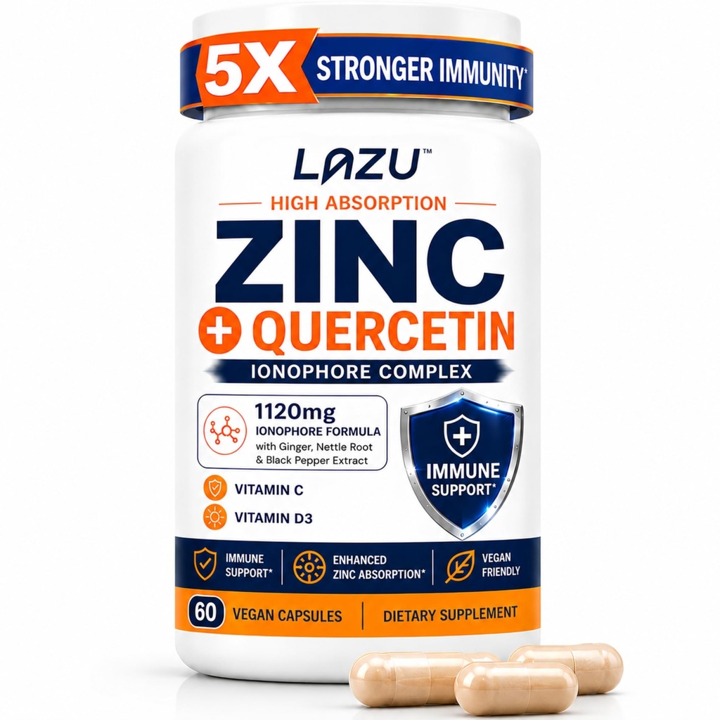 Lazu Virocin - 锌补充剂 - 锌电离层 - 锌、维生素C、维生素D3 - 强化免疫支持和快速吸收 60 Capsules