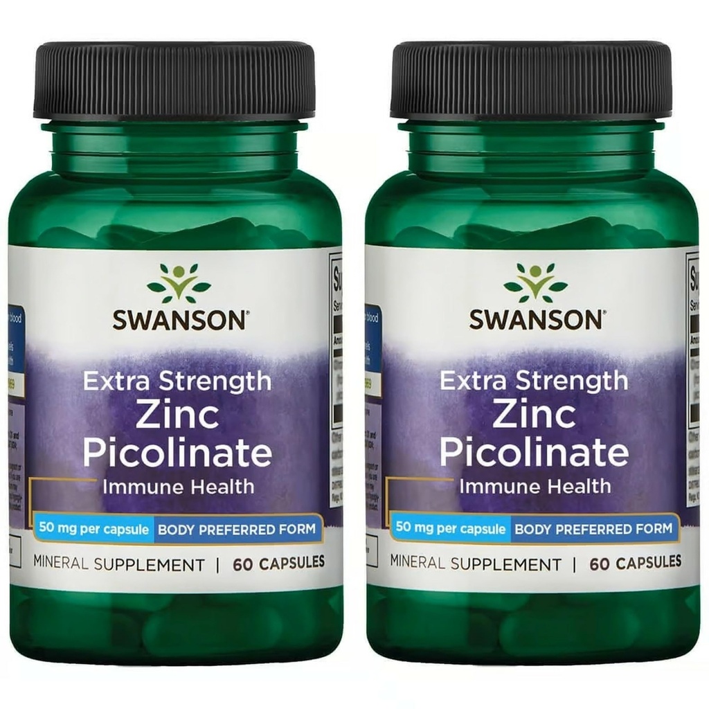 Swanson Premium Brand Extrastrong Zinc Piclinate - 身体偏好形态 Immune Health Capsules - 每胶囊50毫克 - 60胶囊,包装2