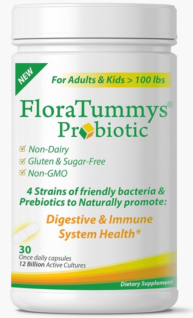 FloraTummys 妇女、男子和儿童的最佳Probiotics。 12亿CFU、4个Probiotic Strains、Prebiotics、Non-GMO、Kosher、Non-Dairy、Gluten Free、Sugar Free、美国制造