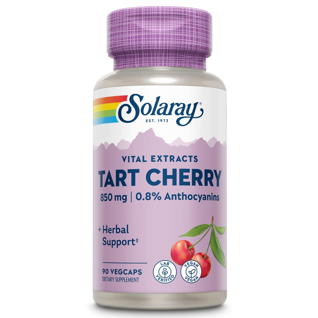 来自塔特樱桃的SOLARAY Tart Cherry Capsules 850mg - 含0.8%的Anthocyanins Plus Ellagic酸 - 健康支持 - 塔特樱桃汁的方便替代品 - Vegan,60天保障,45次服务