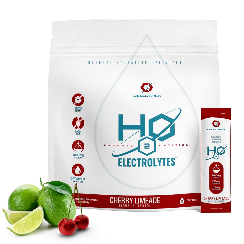 Cellutrex → H2O 电解液 – 电解水粉 饮用混合剂 零糖 天然盐水分包 用于恢复与健康 樱桃 利米德 20棒