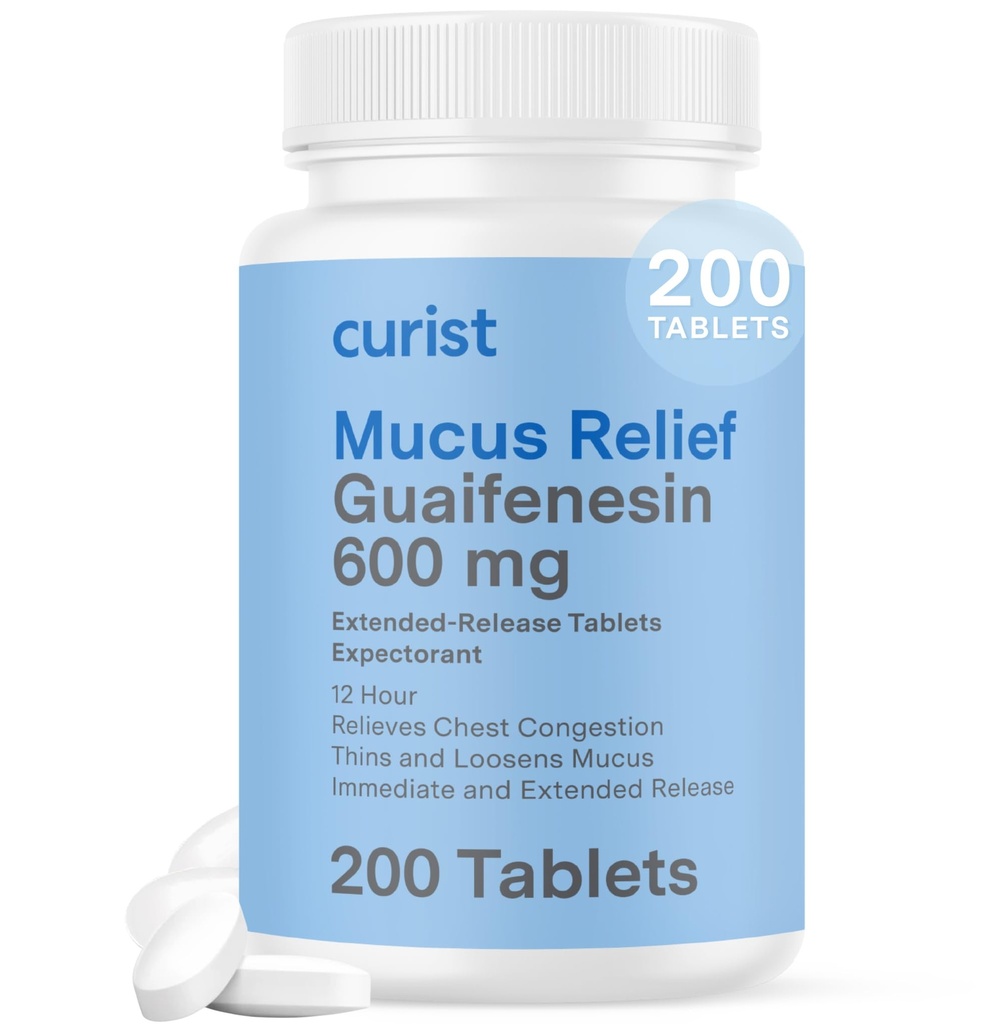 Curist Guaifenesin 600 mg 扩展释放药片(200 Dye-free 药片) - 预测者 Mucus Relief,通用 Guaifenesin 600 mg, (Bulk Pack)