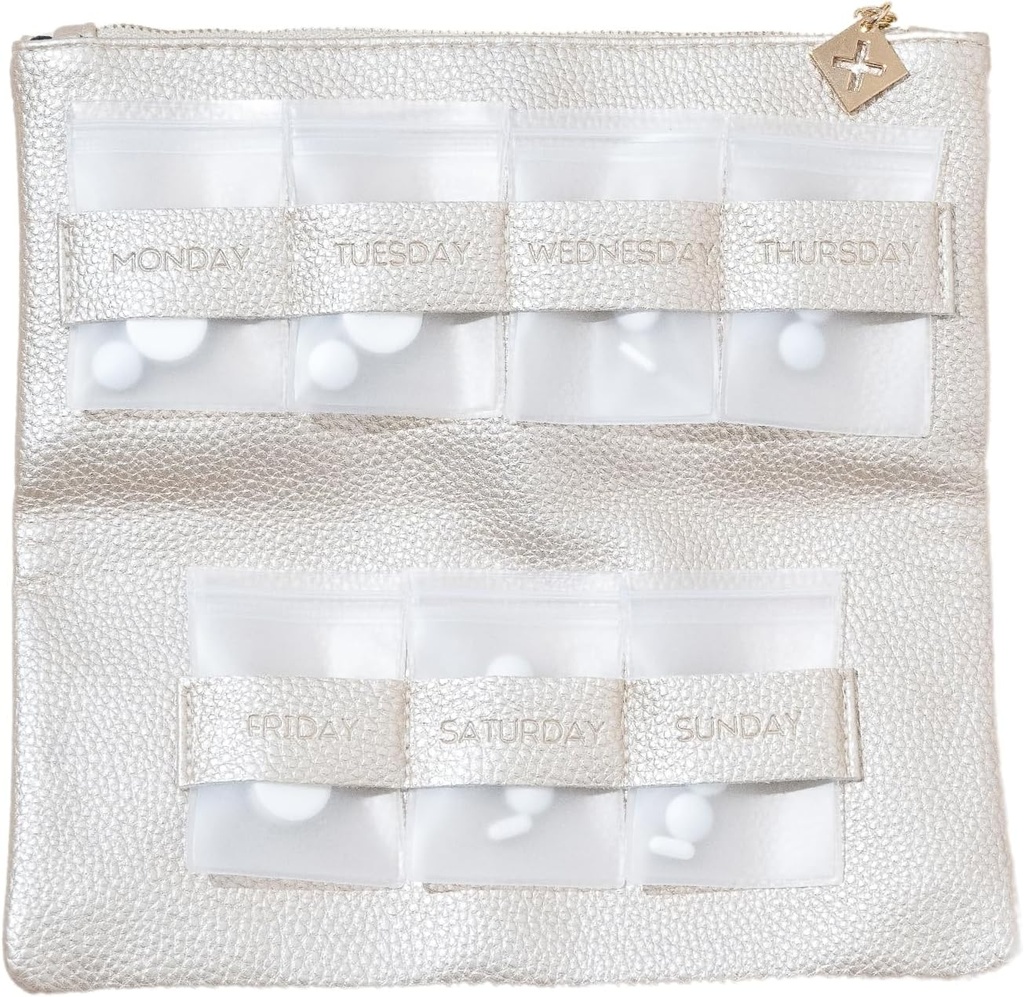 Dosey Gold Era 7-Day Pill Purse - Vegan Leather Daily Pill 组织者 - 奢侈旅行邮袋,用于药品存储和保护的防气药丸 - 时髦的药丸处理器和药剂组织者 - 黄金