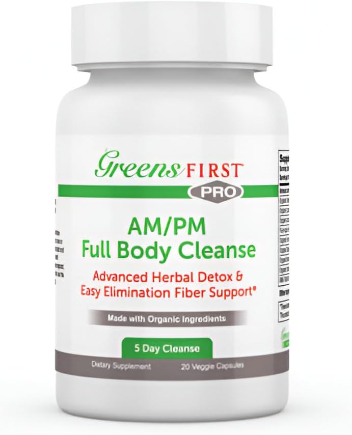 Greens First Full Body AM/PM 清洁剂补充剂 - 天然毒素解毒剂 - 全面肠道和便秘救助 - 消化性健康囊 - 20 Veggie Capsules
