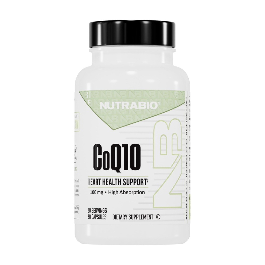 NutraBio CoQ10 饮食补充,健康心脏功能和细胞能源生产,100mg - 60卡普尔
