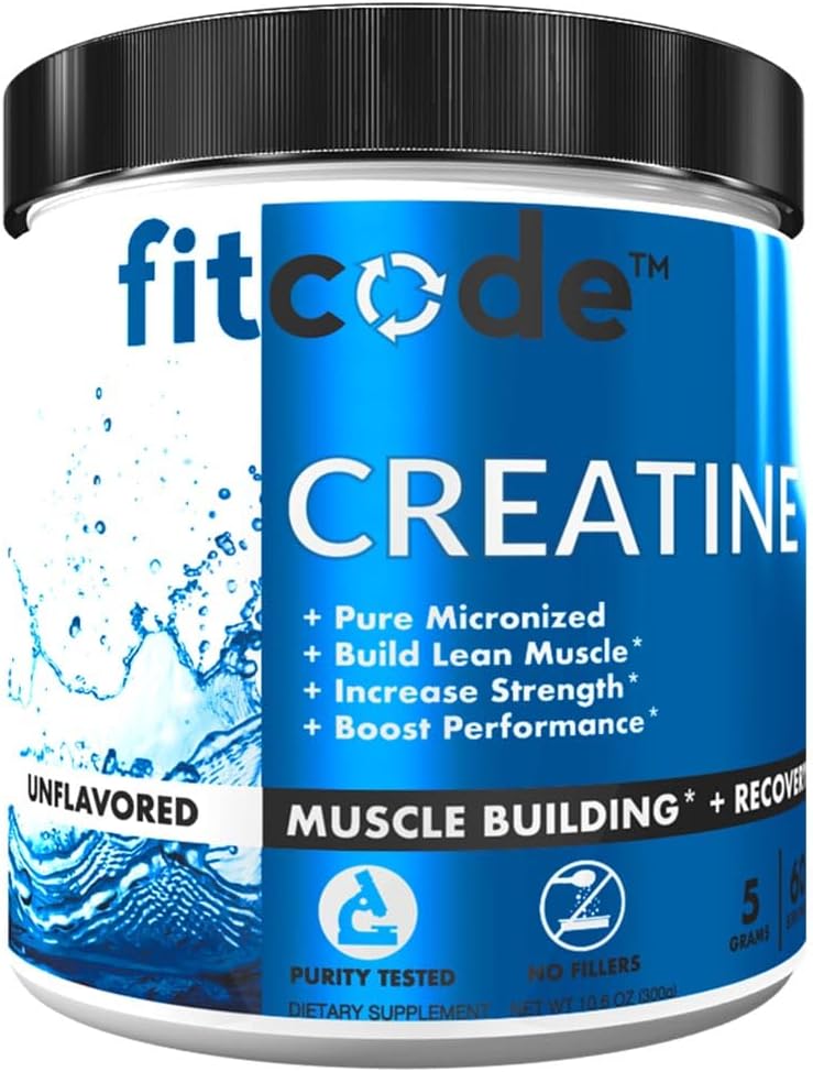 Fitcode Creatine 单水合物 纯微晶体 单水合物 纯微晶体 单水合物 用于肌肉建筑、恢复、强力和 Stamina、无味粉末、60种服务
