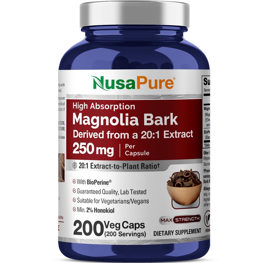 NusaPure Magnolia Bark 20:1 提取物,250毫克等效于 5,000 毫克 200 维加特植物科植物科植物科非GMO