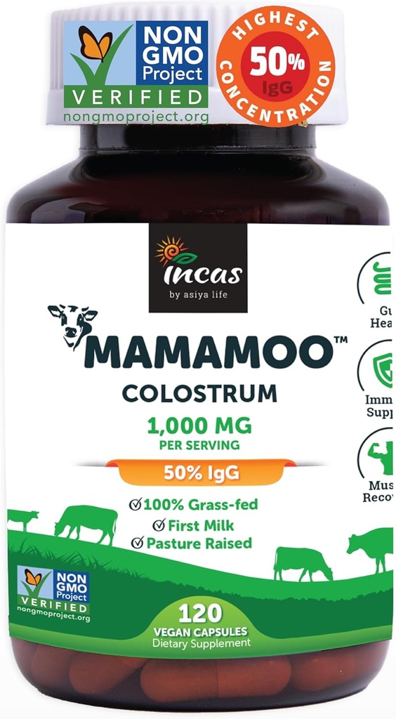 MamaMooTM Colostrum Powder > 50% IgG,草药,第一种非转基因生物认证Colostrum,Gut Health Bloating 免疫皮和毛发,包含400+生物活性营养物,第三方实验室测试(120 Capsules)