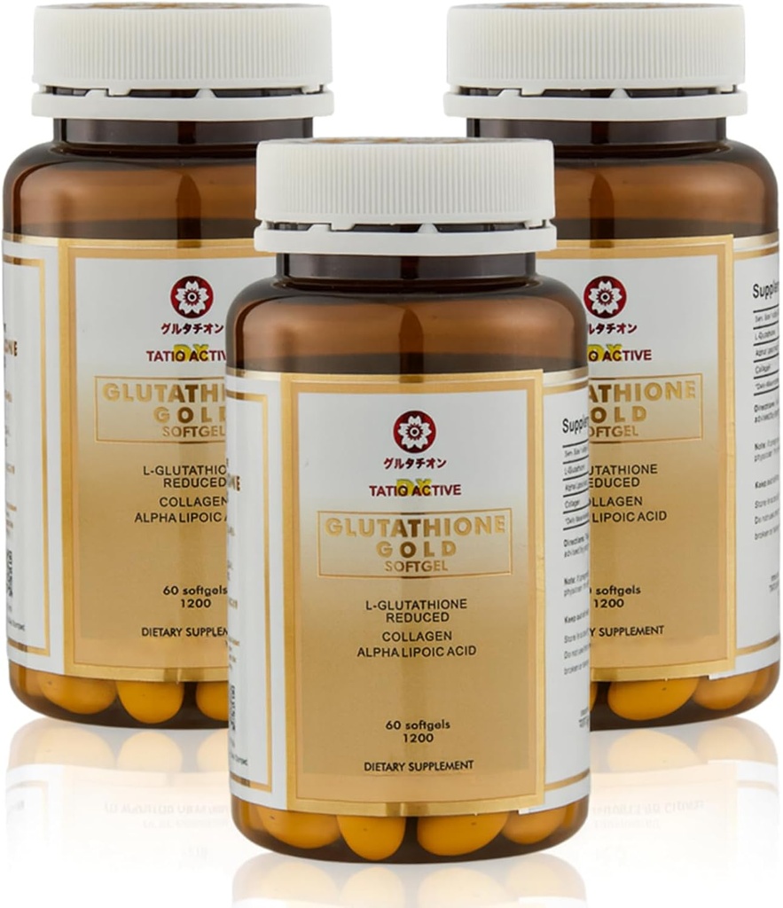 日本高级金色胶原(Gold Glutathione Capsules)配有柯拉根,维生素C,抗氧化剂补充剂,用于拉迪安特,青春外观皮肤,柯拉根生产甚至皮色色色调3瓶.