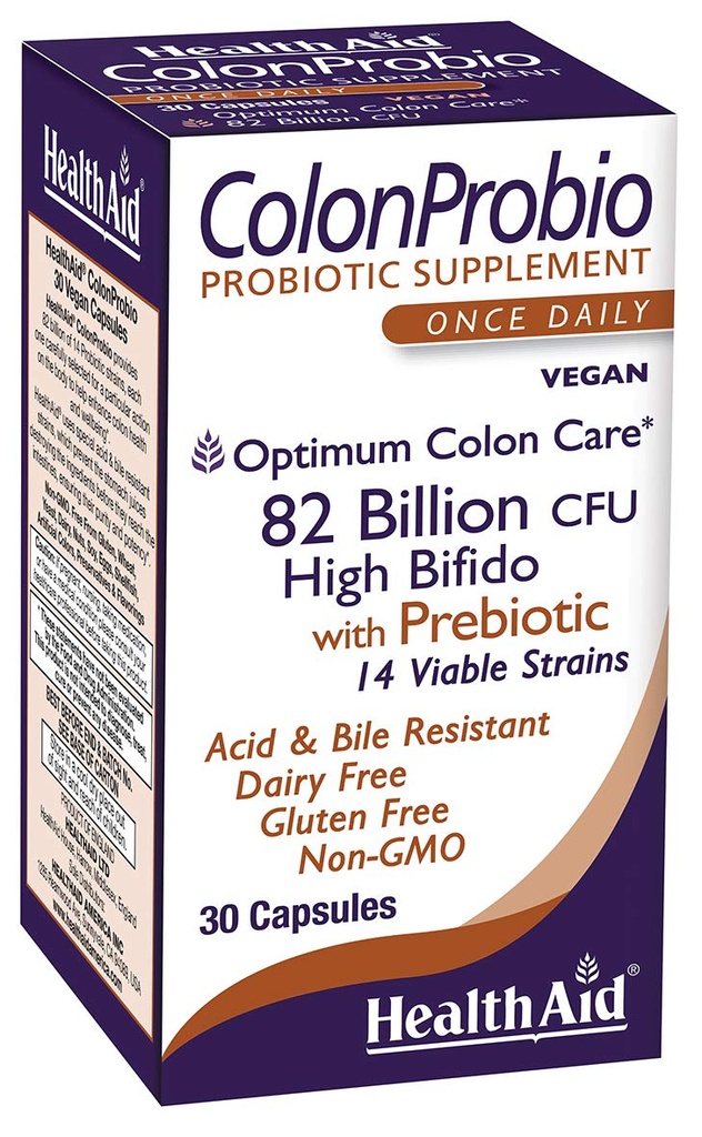 " 健康援助 " ColonProbio 82亿,配有 " 预生 " 、 " 14条草丛 " 、 " Once Daily " 、 " 30cmt " 、 " Optimum Colon Care " 、 " Acid & Bile Resistant " 、 " 乳品免费 " 、 " Gluten 免费 " 、 " 非GMO "