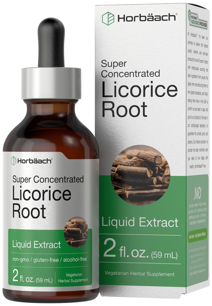 Horbäach Licorice 根提取 → 2 fl oz → 无酒精叮当 → 蔬菜液体补充 → 非 GMO 和 Gluten 免费