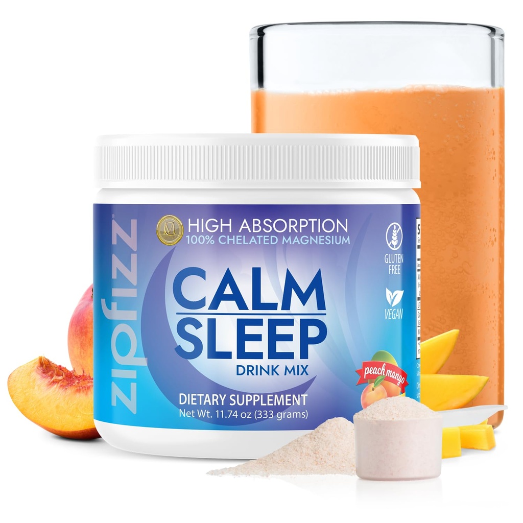 Zipfizz Nightly Calm & Sleep Supplement Powder, Peach Mango, 12.3 oz (30-60 services) 儿童与成年人自然睡眠援助 → 包含Magnesium, Melatonin, L-Thenine → 放松和Mood增强