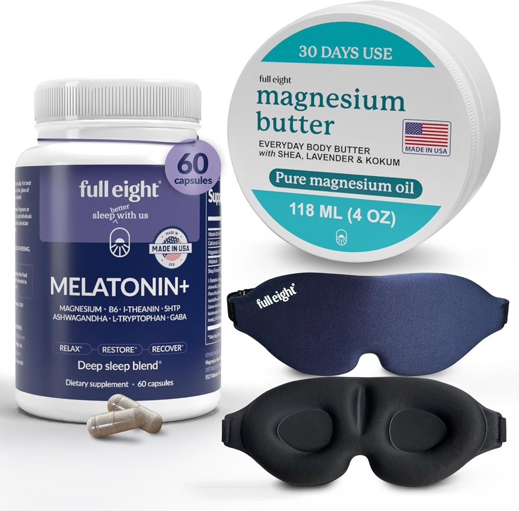 Sleep Bundle:3D轻屏蔽睡眠面具,Melatonin+快速溶解的Melatonin 补充品 60 Capsules,以及Magnesium Body Butter 用于长腿和紧肌肉,4oz Cream