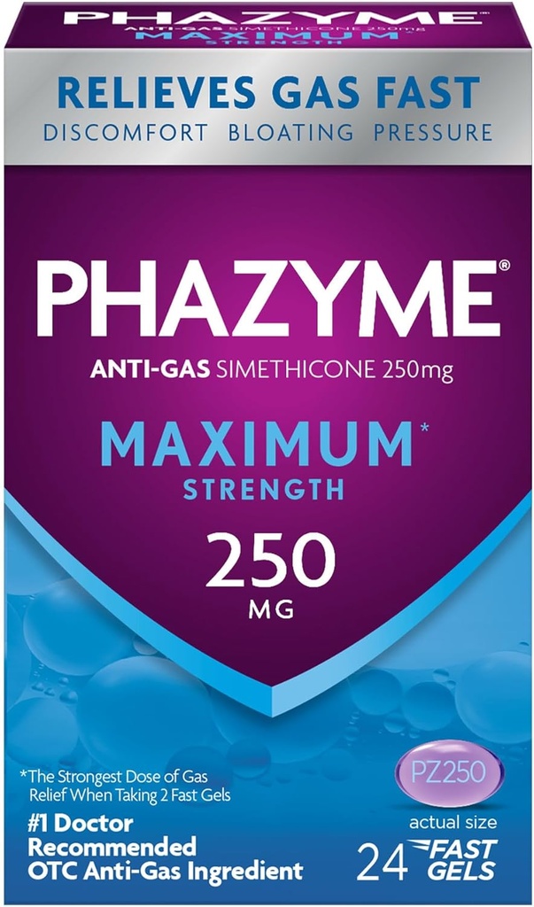 Phazyme 最大* 强抗气体250 mg Simethicone Gas Relief for Adults, Fast Gels Quickly Ease Bloating, 压力和不适, 24 Counter