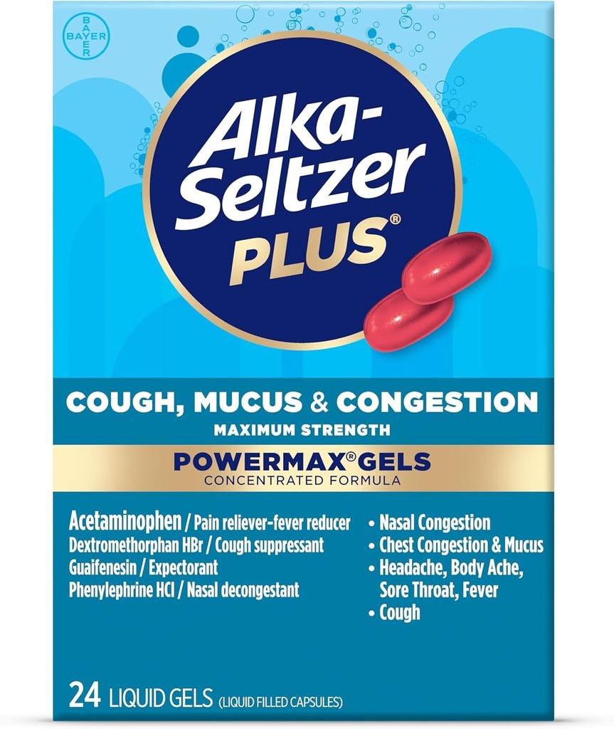 Alka-Seltzer Plus 最大强度咳嗽、 Mucus 和 摄入力 液化宝石、快速有效的胸部摄入力救济、咳嗽抑制剂,供成年人和儿童使用