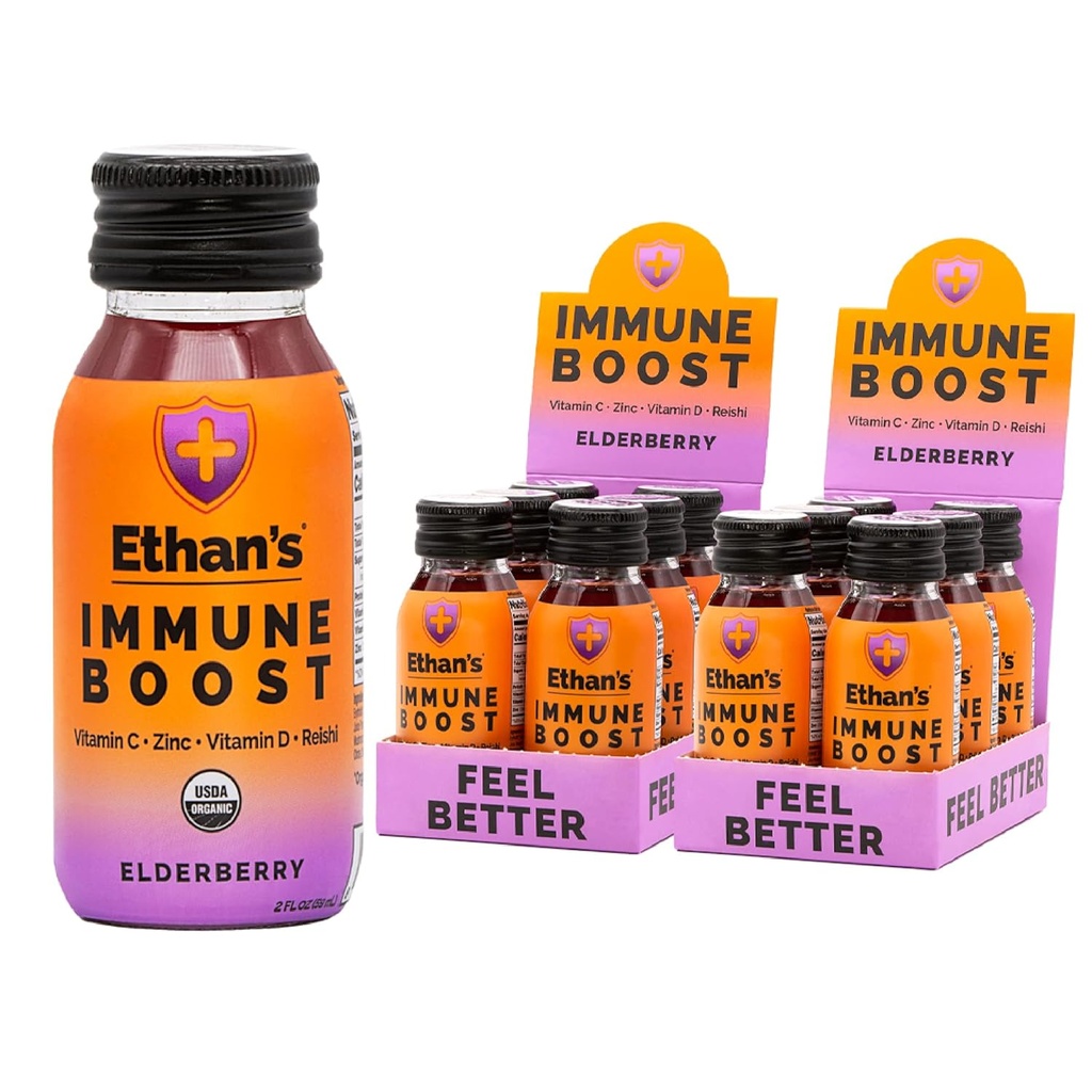 (原始内容存档于2018-09-21) (英语). Ethan's Organization Immune Boost Shots, Elderberry Flavor. 感觉好多了。 豁免支助,用真正的水果、维生素C、维生素D、赖世、锌、无添加糖(12包2oz枪)制成
