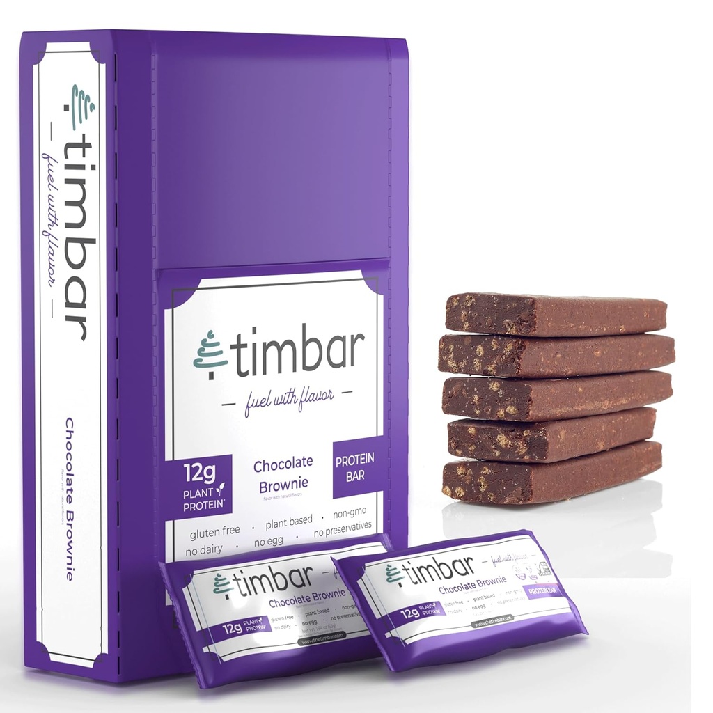 Timbar蛋白棒 12 Pack 12g蛋白棒和9g Fiber Plant 基于能量和坚果棒 | Gluten Free, Non-GMO, 乳品自由,健康上下食和替代(12 Packs,巧克力布朗尼)