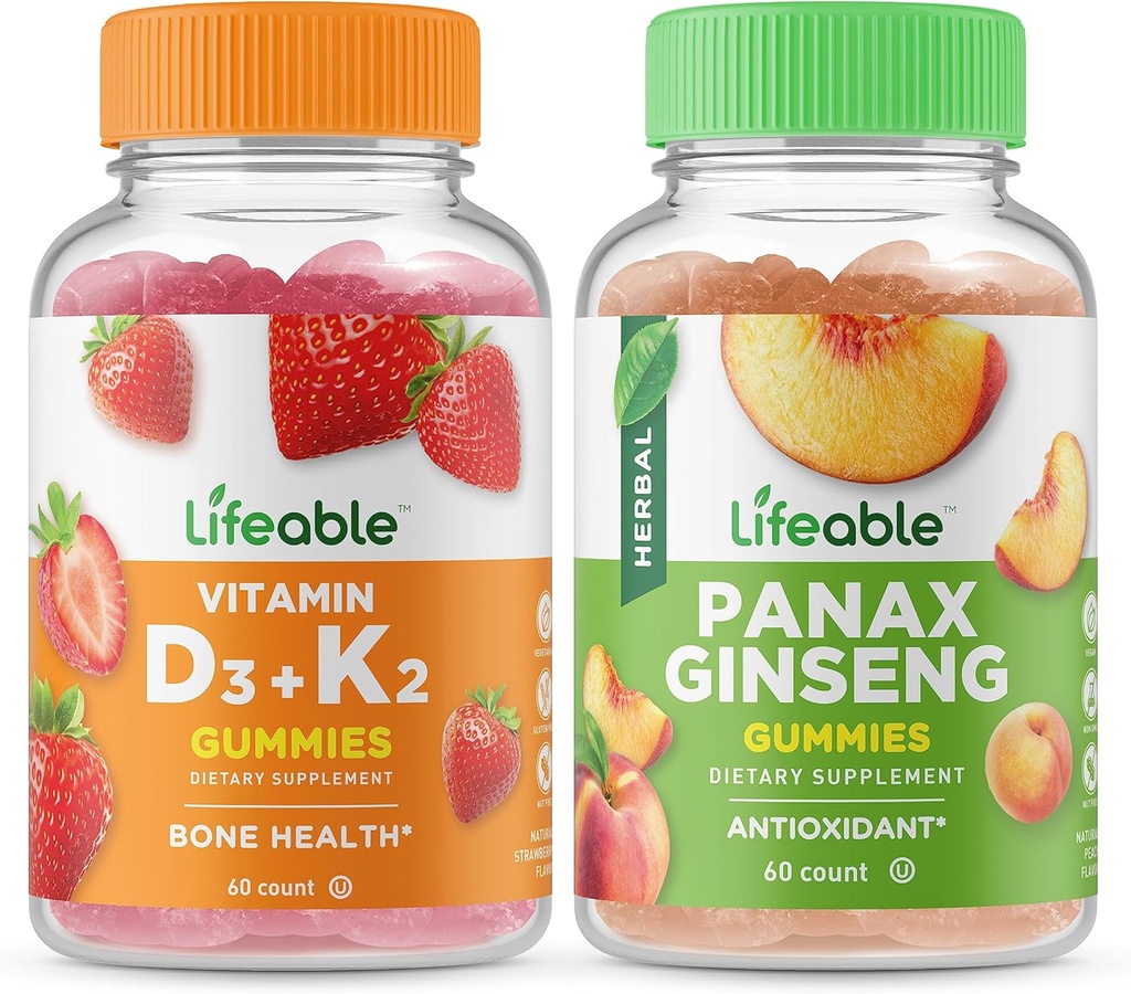活生生的维生素D3 + 维生素K2 + Panax Ginseng, Gummys Bundle - Great Tasting, Vitamin Supplement, Gluten Free, GMO Free, Chewwable Gummy (英语).