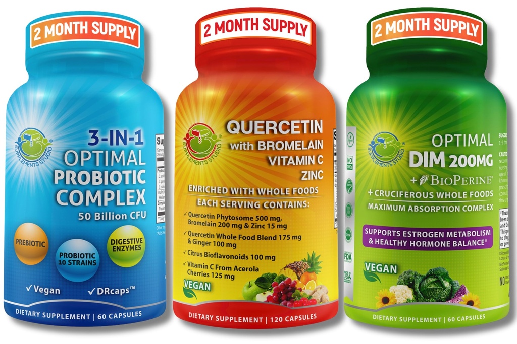 Vegen Hormonal, Immune & Gut Health Support Bundle – Quercetin 500 mg 与布洛梅兰, Zinc & Vitamin C + DIM 200mg 与 BioPerine + 3-in-1 Probiot 5亿 CMU 与消化酶和预生素