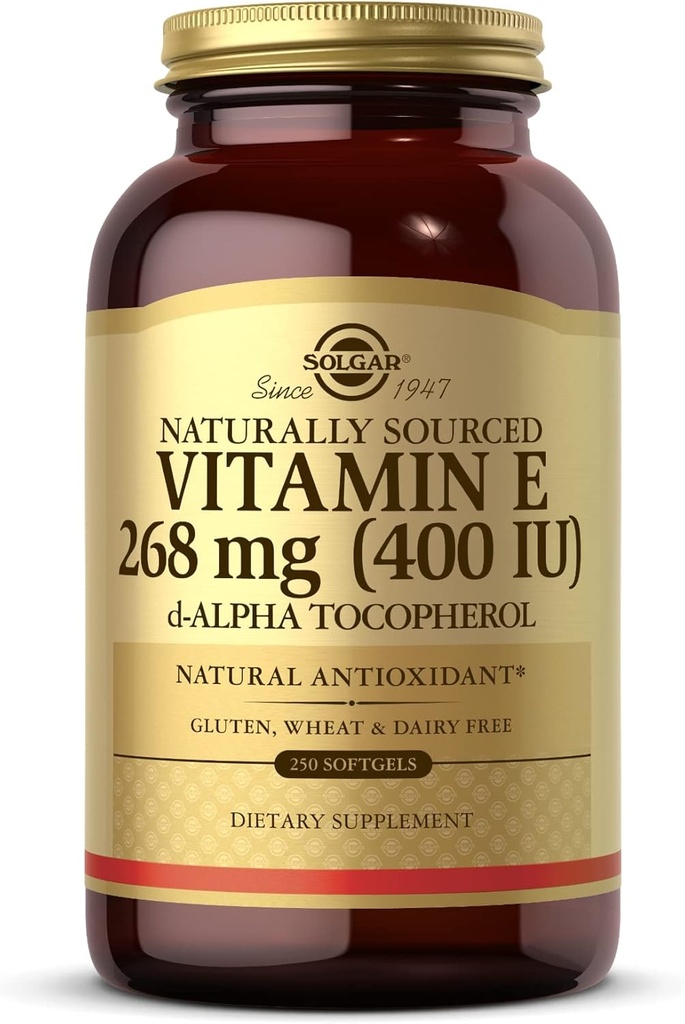Solgar维生素E 268 mg(400 IU) - 250 软胶 - 天然来源维生素E作为d-Alpha Tocopherol - Gluten Free, 乳制品 Free - 250 服务