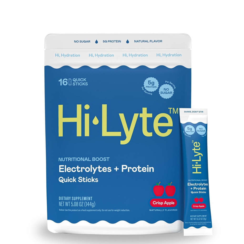 Hi-Lyte Electrolytes + 蛋白质快棒 Crisp Apple, 16 services - 钠,钾,惠蛋白 - Keto Friendly - 5g 蛋白质,无糖