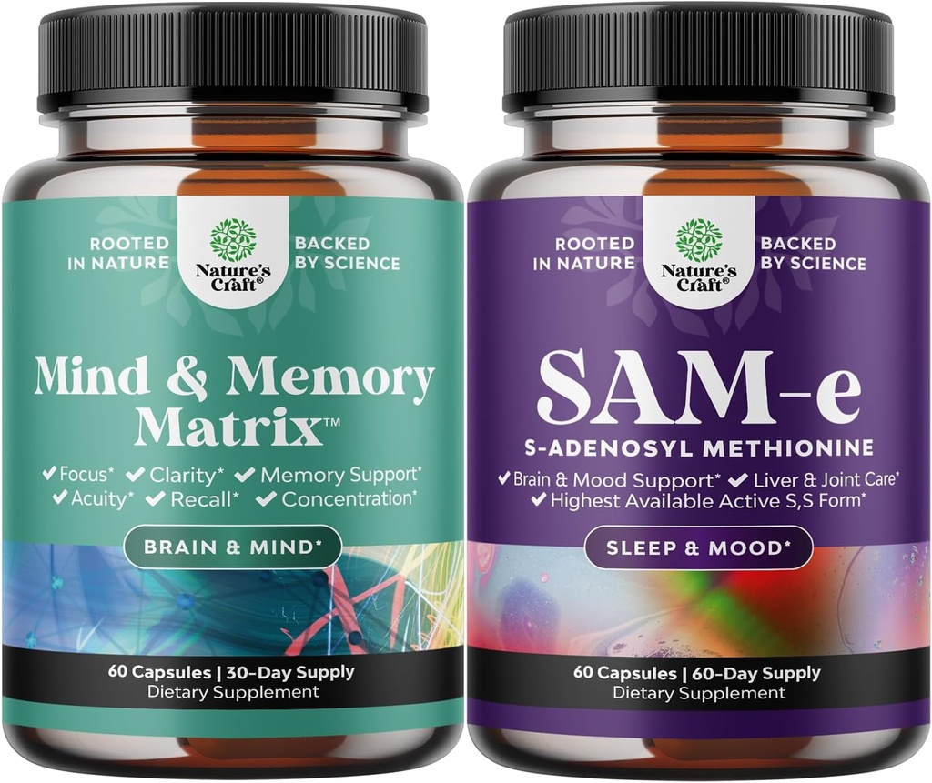 记忆和焦点高级大脑补充剂包 - 所有年龄成年人的维生素和Sam-E 200mg Mood支持补充剂 - S-Adenosyl Methionine 天然放松Mood Boost脑支持