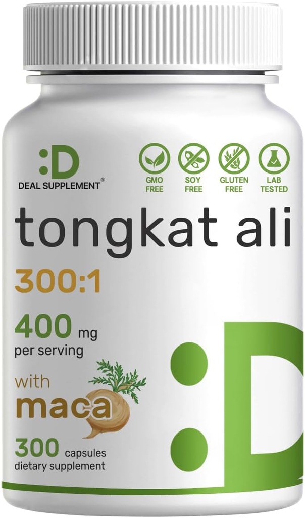 DEL Supplement Tongkat Ali 摘录 300:1 400mg & Maca Root 400mg → 300 Capsules, 超强长号(Eurycoma Longifolia) + Peru Maca – 非GMO, 男子健康草药补充,性能