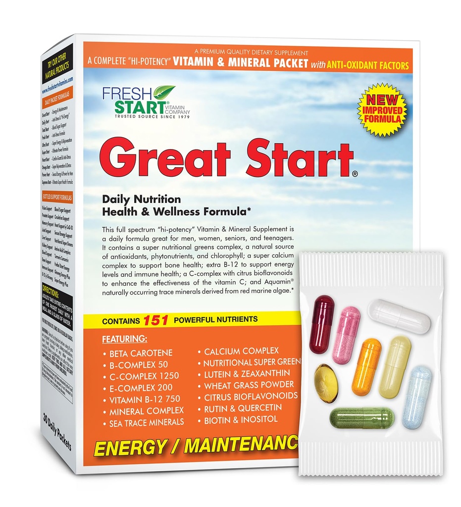 Great Start Complete Daily Vitamin Pack 能源与基本品 能源与基本品 维生素 A, B, C, D, E, B12, Biotin, Minerals, Calcium, 镁, Zinc, Super Greens (30 Packets)