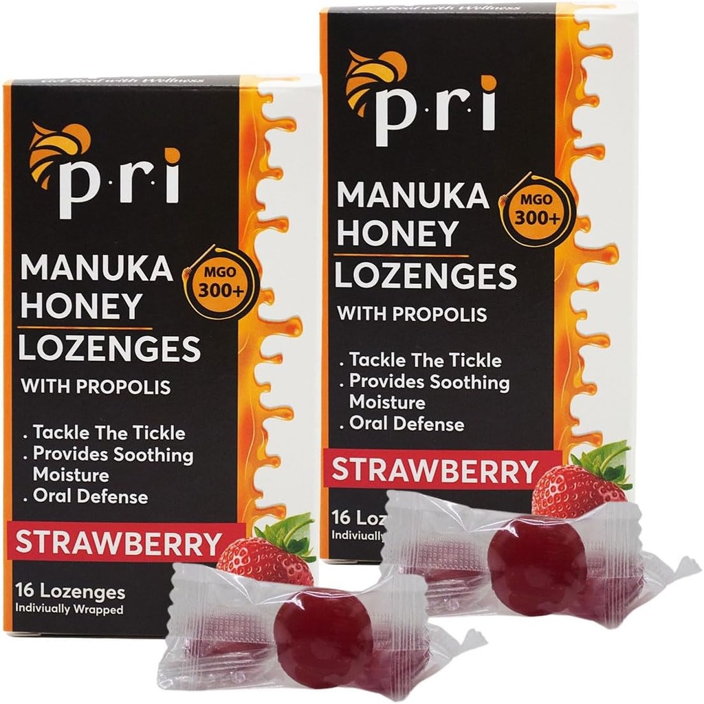 P.R.I Manuka Honey Lozenges with Propolis, Soothing Cough and Throat Drops, MGO 300+ 认证(草莓,16 count/2 Pack)
