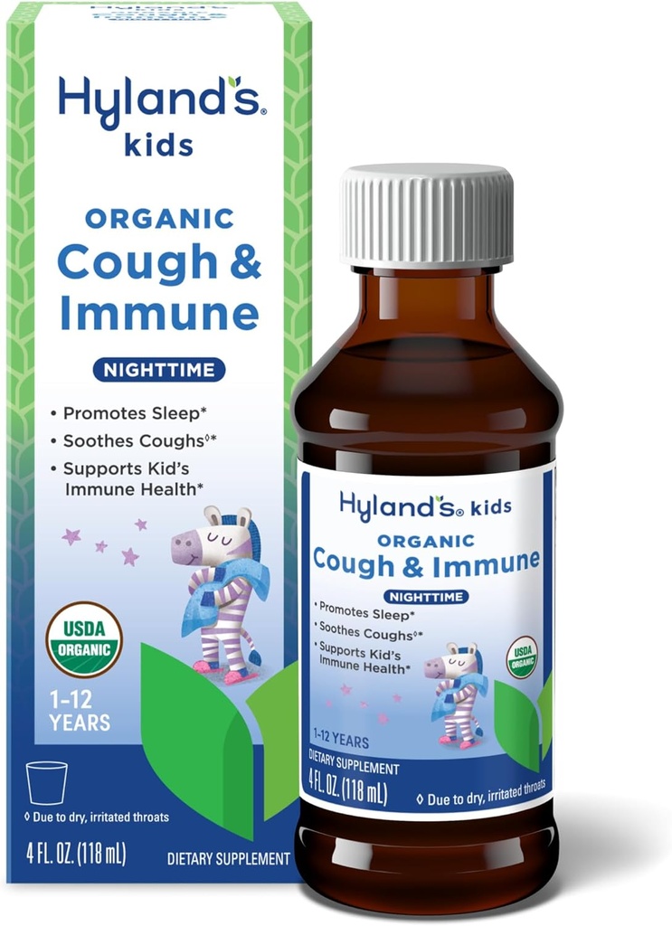 Hyland's Kids Nighttime Organic Cough Syrup and Immune Support with Agave, 老年莓和石榴酸盐, Soothes Cough, 以及支持豁免, 4 Fl. Oz.