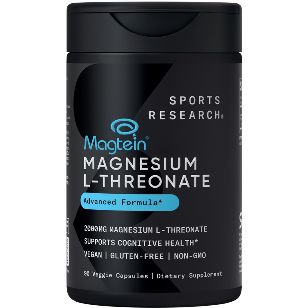 运动研究 Magtein Magnesium L-Threonate Capsules - 记忆,焦点和认知的镁补充 - 镁L Threonate支持脑健康,睡眠和Mood - 2000mg,90 成年人的Capsules