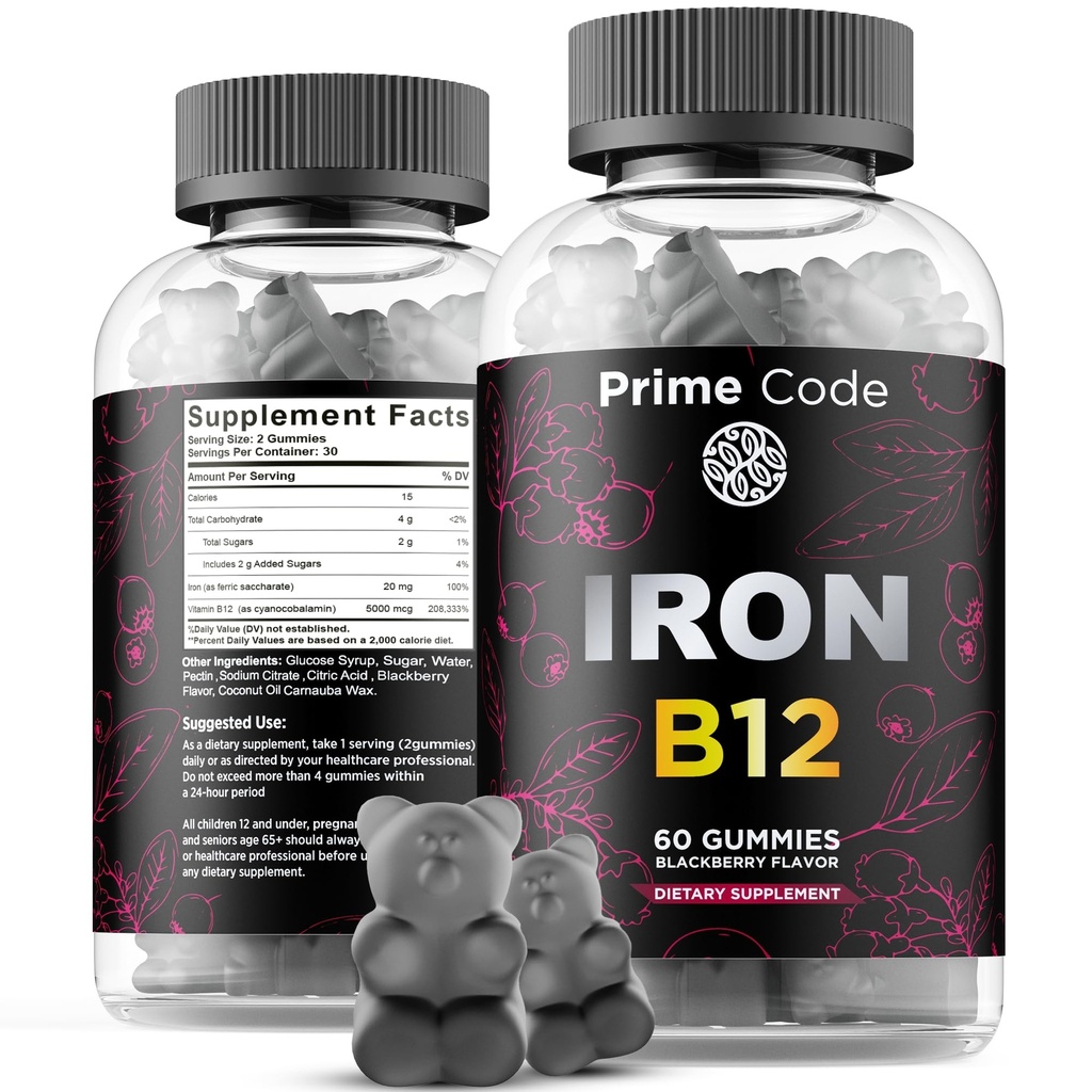女性和男性维生素B12 Gummys,成年人20mg 铁补充品,贫血免费造血者,铁和天然黑莓Flavor的维生素B12 Gummys,Vegan,Non-GMO,30日供应