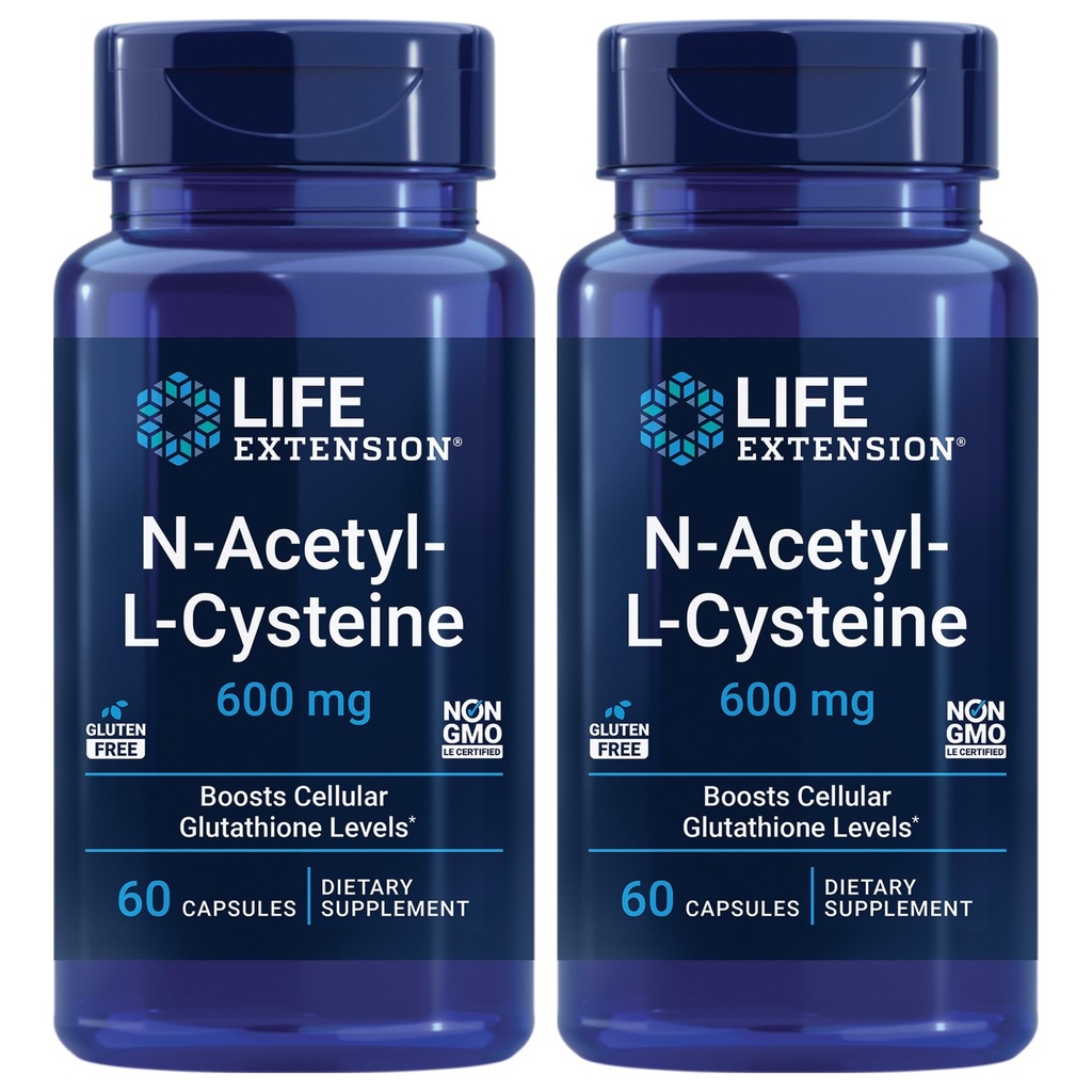 生命延长 N-乙酰-L-Cysteine(NAC),免疫反应,呼吸卫生,肝脏健康,NAC 600 mg,抗氧化剂防御,自由基,易吸收 - 2 Pack x 60 Capsules