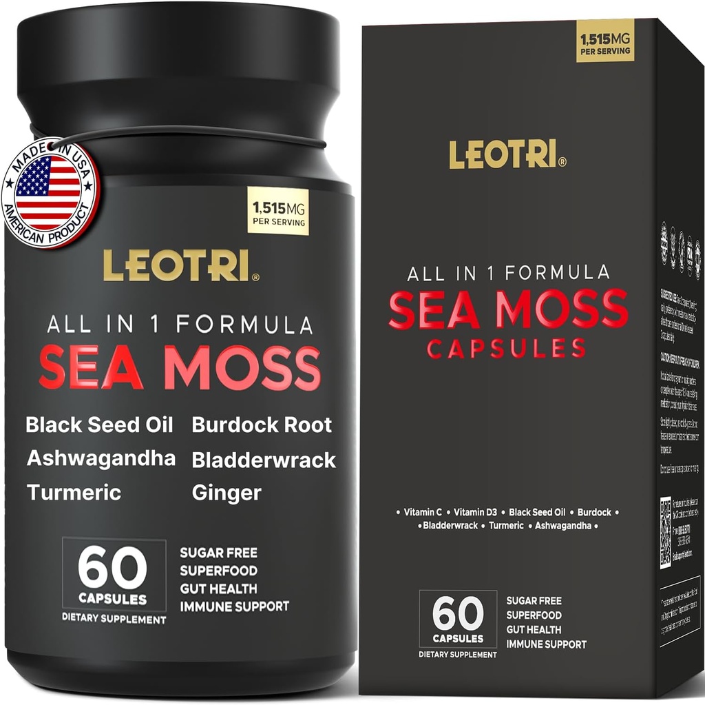 爱尔兰有机海 Moss Capsules: Sea Moss 10500mg 黑籽油 6000mg 涡轮 3000mg Ashwagandha 3000mg Bladderwrack 3000mg Burdock 根 3000mg 姜为 Skin Gut 健康超食品 60 Capsules