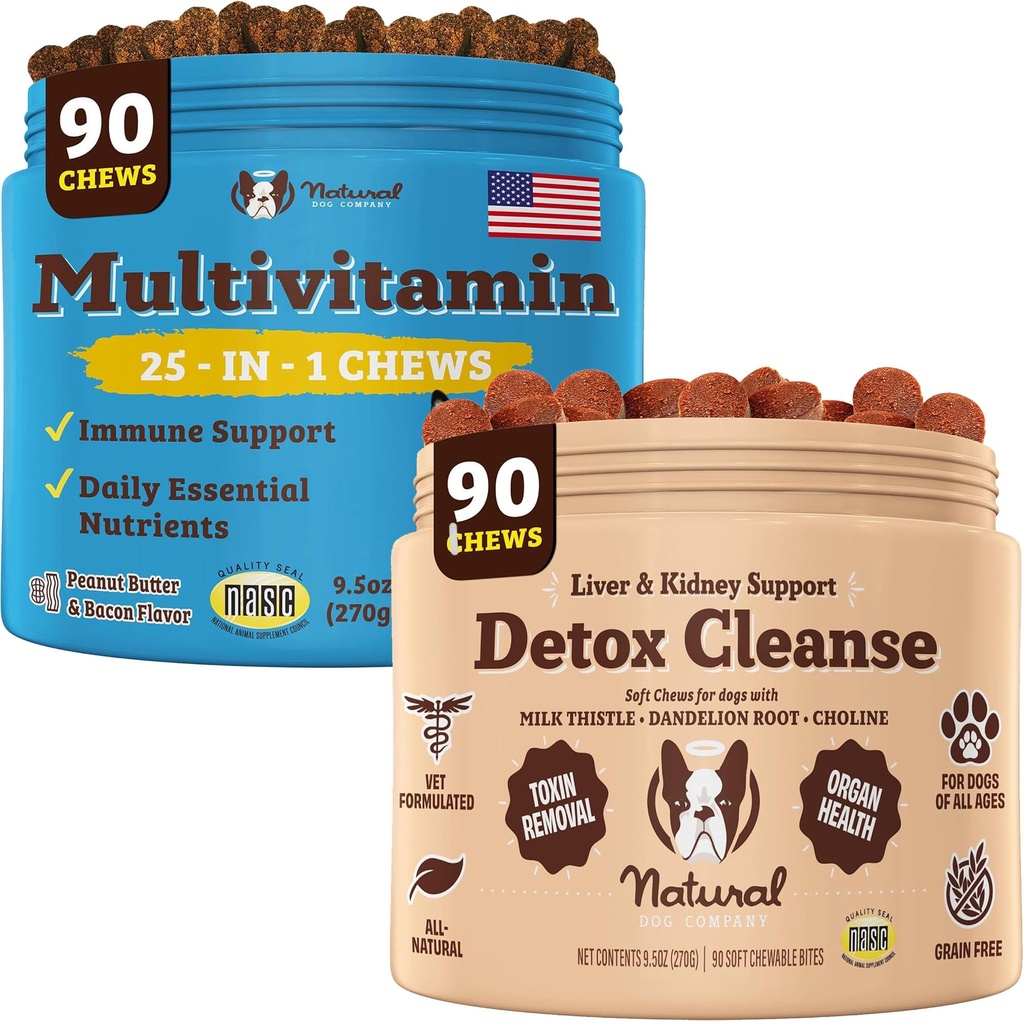 自然狗公司 Multivitamin & Liver & Kidney Chews Bundle - 对老年狗的全面健康支持,促进解毒,改进消化,拉迪安特皮肤和外套,易于管理