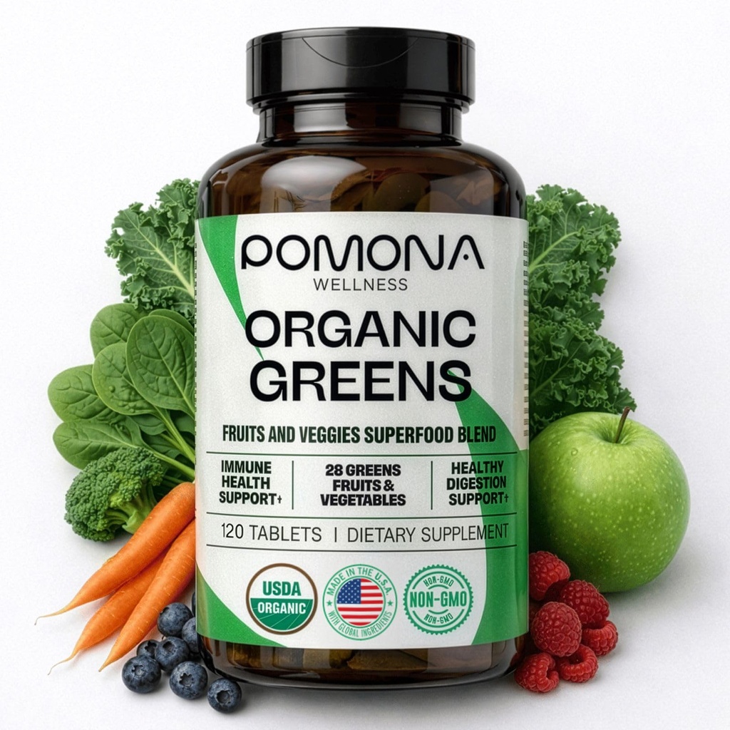 Pomona Wellness Super Greens 补编,全超食品维生素和矿产品,水果和蔬菜,绿皮粉用于布局和消化,Gut Health,USDA有机,非GMO,120片