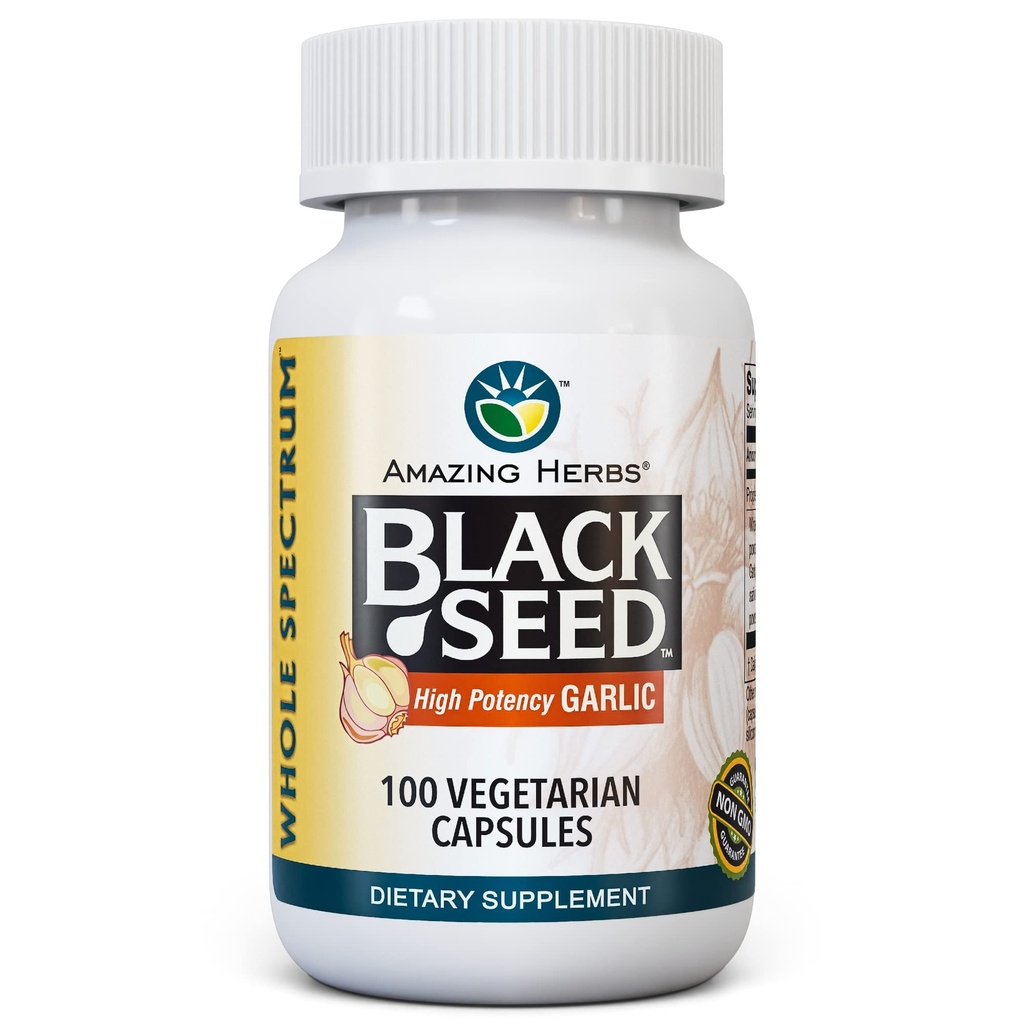 惊人的草本植物全谱 黑种子和高潜质大蒜 蔬菜 Capsules - Gluten - Free, Non-GMO, Vegan, 支持免疫系统,肺功能, & 心血管健康 - 100 计数