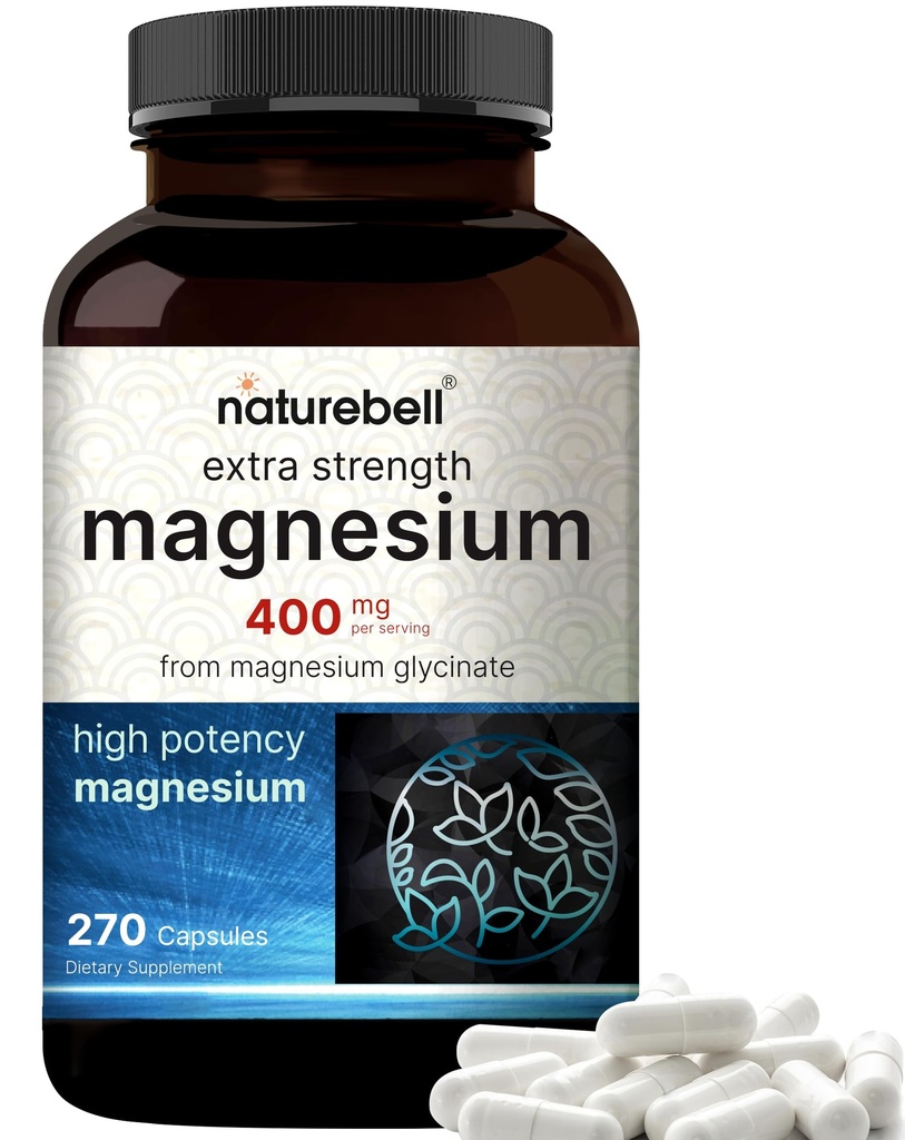 NatureBell Magnesium Glycinate 400mg Elemental, 270 capsules 100% Chelated for High Absociation 支持肌肉,骨骼和心脏健康 → Non-GMO, Gluten-free, Vegan