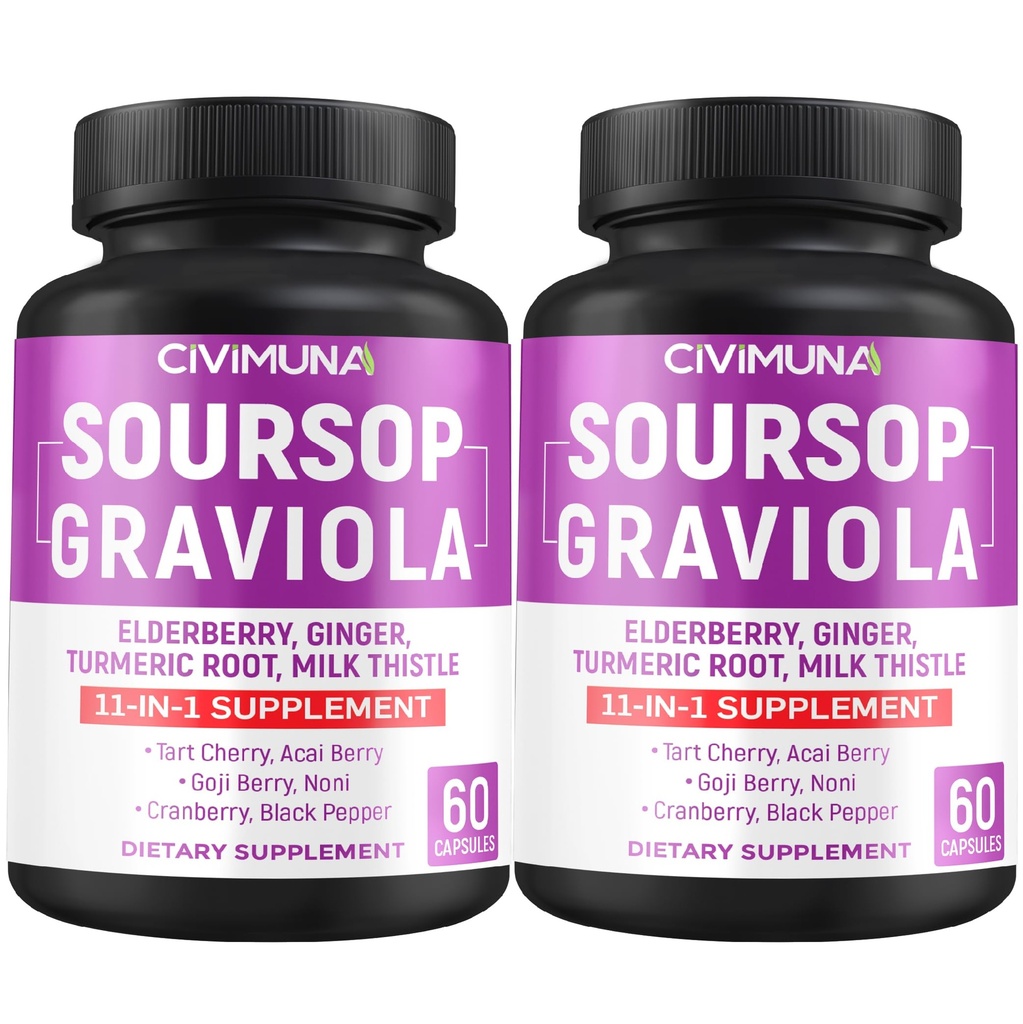 Soursop Graviola Capsules 配有长莓、曲霉素和更多 -- -- 120个Capsules,供应4个月(包2)