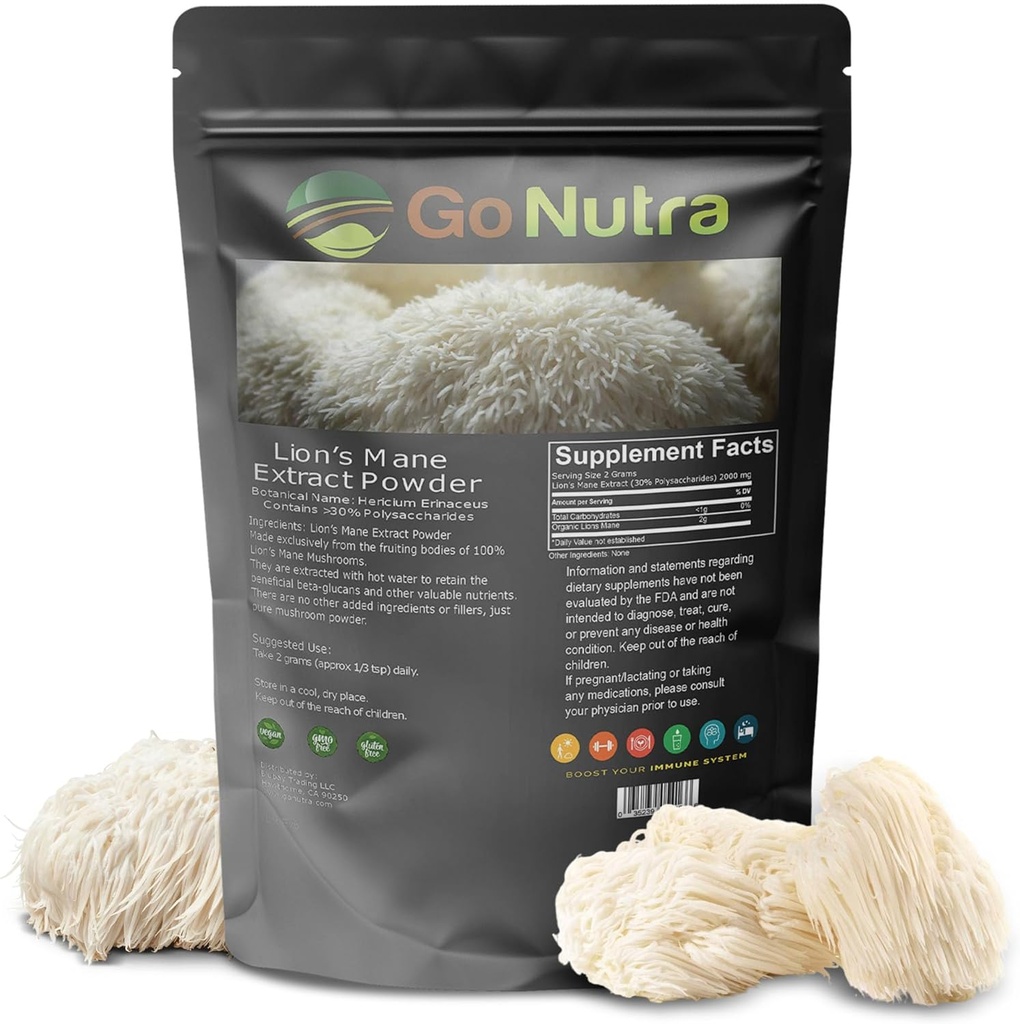 Go Nutra - 狮子的马恩粉, 10:1 狮子的马恩蘑菇粉, 配有 30% Polysaccharides, 纯狮子的马恩抽取茶, 汁, 水, 和更多, 非 GMO, Vegan, 4 oz