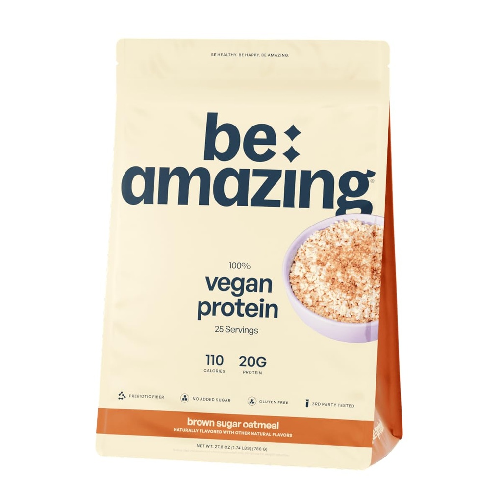 BE AMAZING VAGAN蛋白粉、褐糖蛋白、20g植物蛋白、含生前纤维、低碳、乳制品和Gluten自由摇摆混合剂、无添加糖、29.3 oz、25种