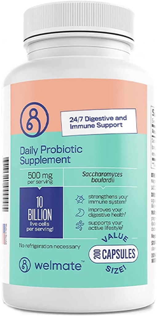 WELMATE Saccharomyces Bouladii = 每日Probiotic 补充 = 10亿 CMFU = 免疫支持 = 消化健康 = Vegan = 有机 = Gluten Free = = 非 GMO = 男女 = = 200 Veggie Capsules