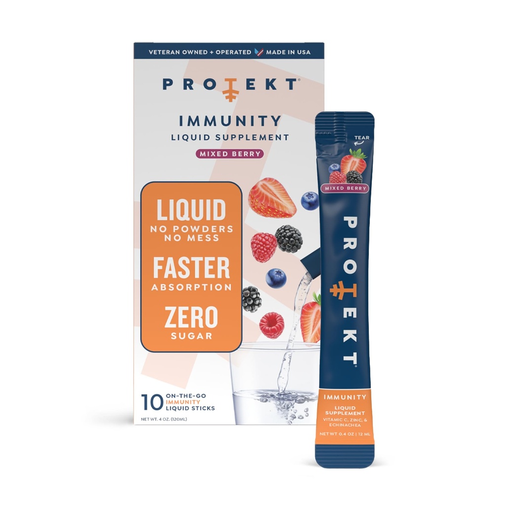 PROTEKT 液态免疫辅助剂 - 液态饮料混合剂,豁免补充剂,成人免疫辅助剂,无糖维生素C和锌豁免辅助剂 - 混合莓 10ct
