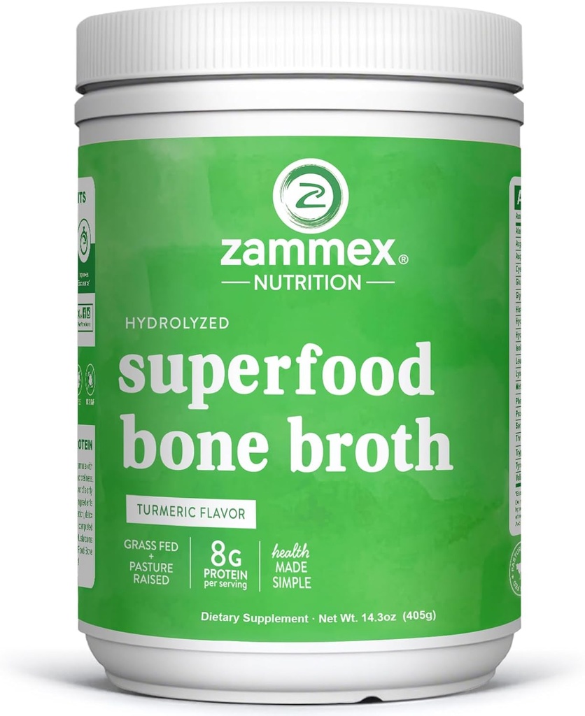 Zammex Bone Broth Plus 超级食品蛋白粉(Turmeric Flavor),8g 含维生素D的水解蛋白,用于健康皮肤,钉子,头发,关节和文摘,非GMO(30次服务)