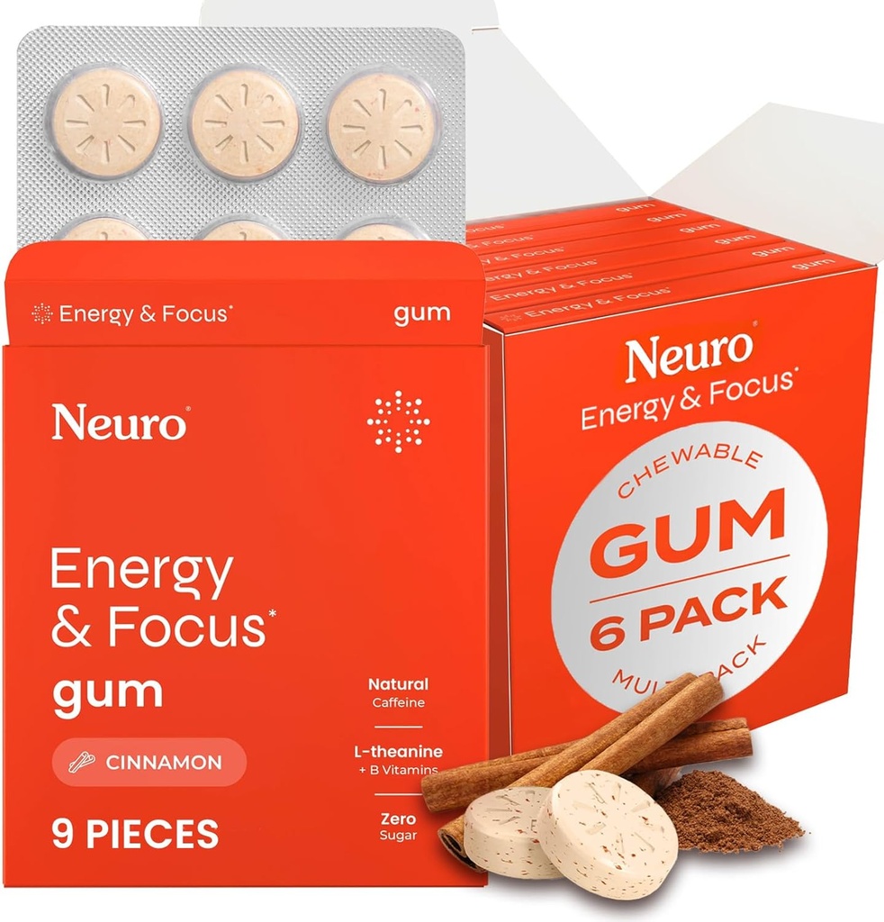 NeuroGum Energy & Focus Gum (54 Count-6 Pack, Cinnamon) | 40mg Natural Caffeine + L-Theanine + Vitamin B12 & B6 + Xylitol | Sugar Free Nootropic Cognitive Brain Performance Supplement