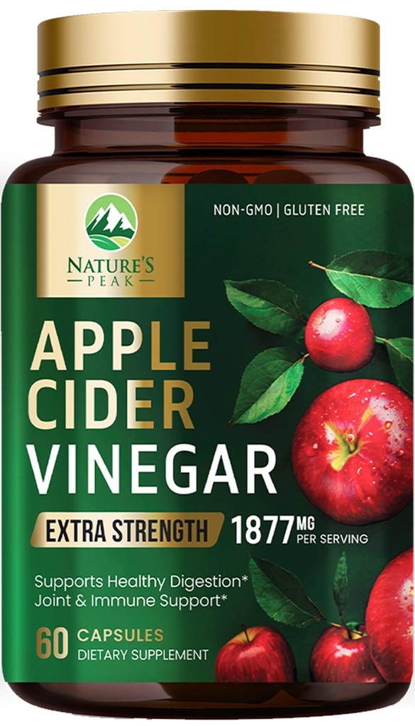 Apple Cider Vinegar Capsules ACV 1877mg,维生素D3,锌和最佳ACV 补充药 支持古特健康更好的消化,Immune系统支持,非GMO & Gluten Free, 60 Capsules