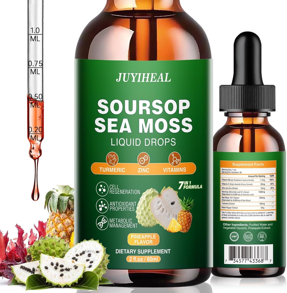 7-in-1 Soursop Bitters Liquid, Soursop Oil with Sea Moss & Turmeric & Vitamino for Immune & Digestive & Cell Support, 糖无糖 & XN-GMO & Vegan 2 Fl oz Pineapple