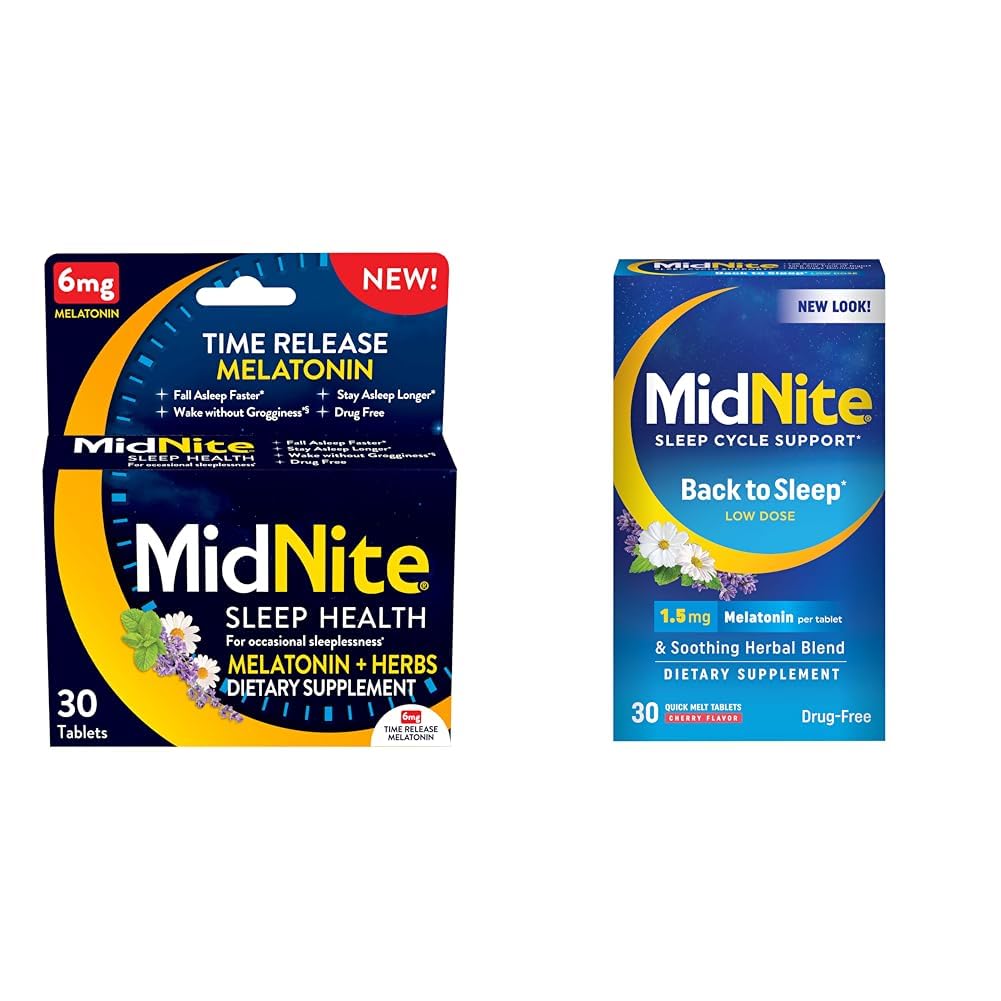 MidNite 时间释放 6 mg Melatonin 30 块板块并返回睡眠 1.5 mg Melatonin 30 樱桃脆脆的 Cherry Flawared Chewable 板块 睡眠援助包