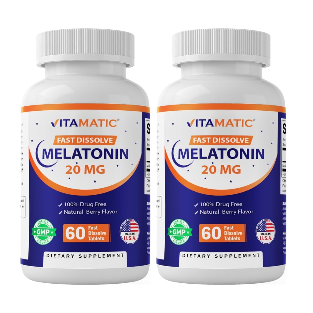 Vitamatic 2-Pack High Potency Melatonin 20 mg – 60 Fast Dissolve Tablets Total Fast-Acting Sleep Support – Natural Berry Flavor | Vegetarian