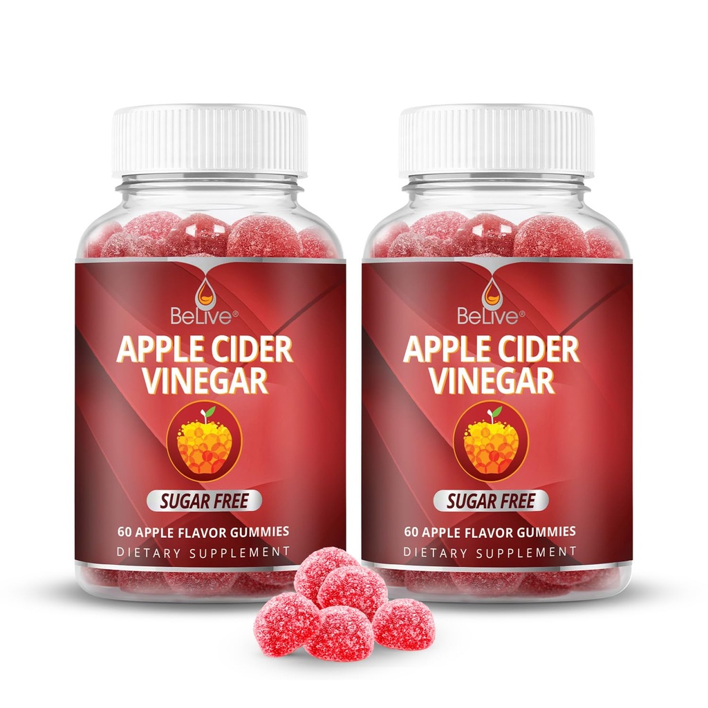BeLive Apple 苹果苹果醋糖无糖果糖 — 对消化与健康饮食很有帮助 — Gluten Free, No Glucose Syrup, ACV Gummys Capsules & drink(120 Ct) — 2 Pack